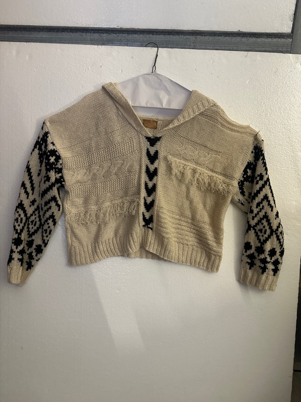 POL Beige Cropped Hooded Sweater with Black Patterned Sleeves